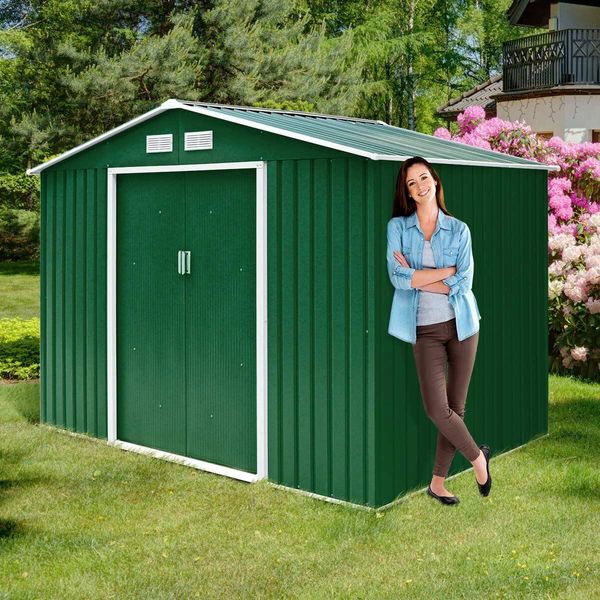 Casetta Per Attrezzi In Metallo Costway Con Fondazione In Metallo, Casetta Da Giardino 213X127X185Cm, Casetta Per Attrezzi 2,37 M2, Casetta Da Giardino Zincata, Resistente Alle Intemperie, Verde Scuro-image