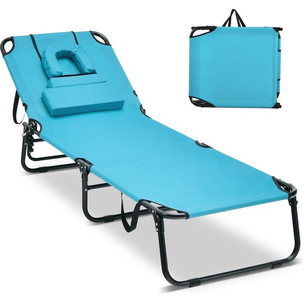 Costway Lettino Da Giardino Pieghevole, Lettino Con Apertura Frontale 3 Cuscini E Schienale Regolabile Lettino Da Spiaggia Sdraio Fino A 160Kg 194X63X37Cm Turchese-image