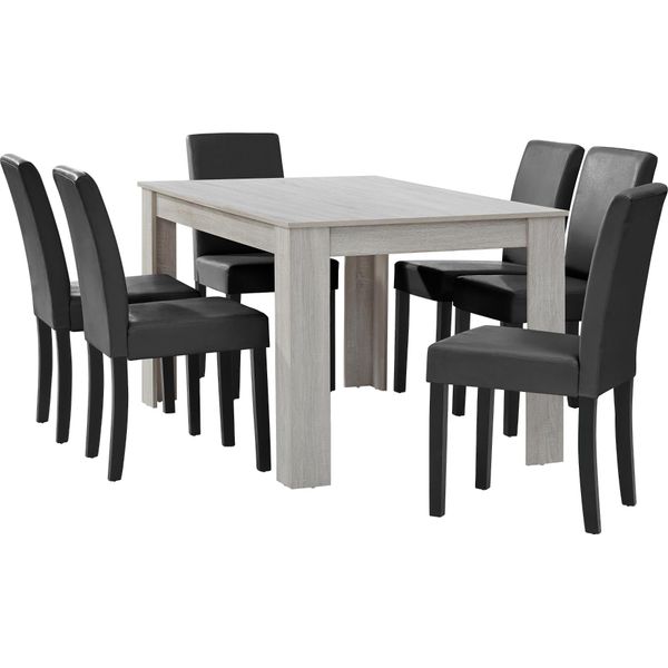 [Tavolo Da Pranzo In Rovere Bianco Con 6 Sedie Imbottite In Pelle Finta Grigio Scuro 140X90 Set Da Pranzo Sala Da Pranzo-image