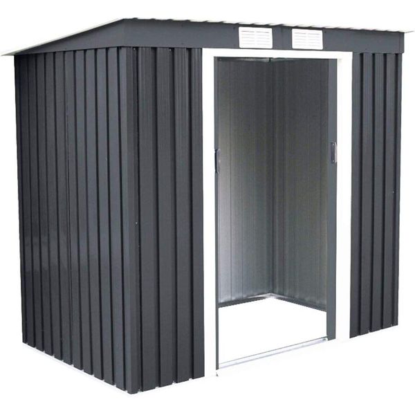 Casetta Per Attrezzi Costway, 213X130X173Cm, 4,2M³, Casetta Da Giardino Con Fondamenta, Tetto A Falde E 2 Porte Scorrevoli, Casetta Per Attrezzi In Metallo, Grigio Scuro-image