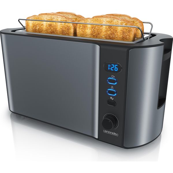 Tostapane Arendo 4 Fette, Tostapane A Fessura Lunga, Fessura Lunga, Acciaio Inox, 1500W, Display Con Indicatore Del Tempo Residuo, Portapane, Funzione Di Scongelamento, Alloggiamento Termoisolante, Grigio-image