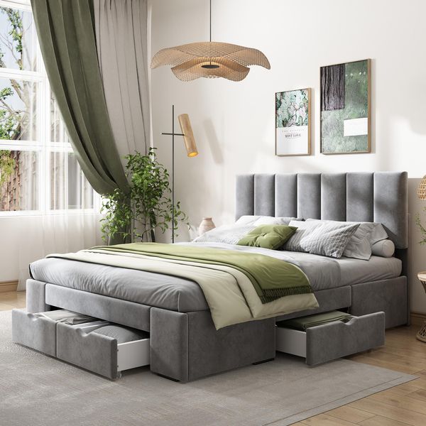 Flieks Letto Imbottito 140X200Cm Letto Matrimoniale Con 4 Cassetti E Rete A Doghe, Letto Contenitore Letto In Legno Letto Per Ragazzi Letto Funzionale Letto In Velluto-image