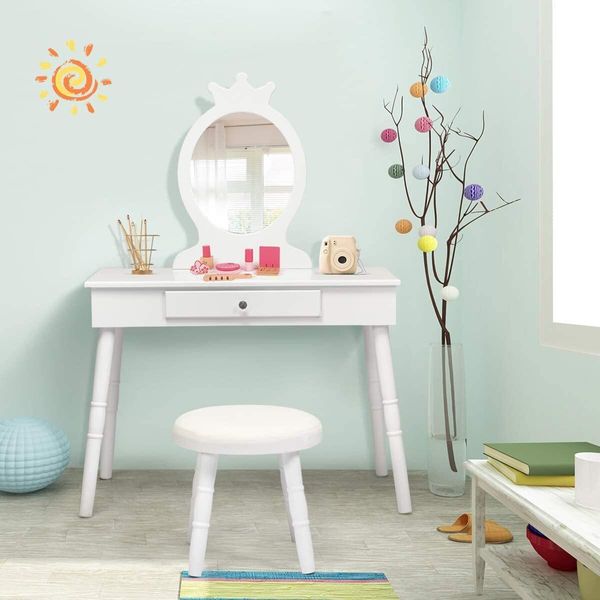 Costway Comodino Per Bambini Con Sgabello, Cassetto E Specchio Estraibile In Legno 70X34X100Cm-image