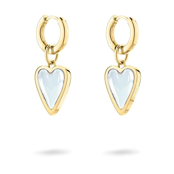 Paar Creolen Liebeskind Berlin "Schmuck Ohrringe Mit Abnehmbaren Herz-EinhäNgern Glass Heart", Gelbgoldfarben, Transparent, Transparent, Ohrringe, Damen, Edelstahl, Mit Glasstein-image