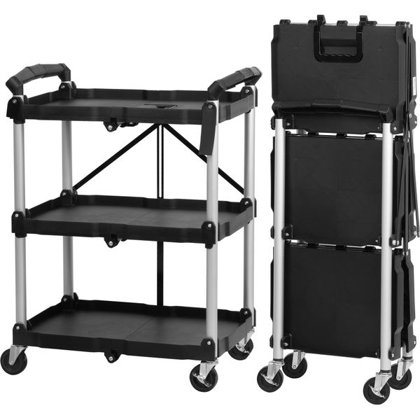 Carrello Di Servizio Pieghevole Mahlzeit Con Rotelle, Carico Fino A 150 Kg, Portaoggetti A 3 Ripiani, Nero-image