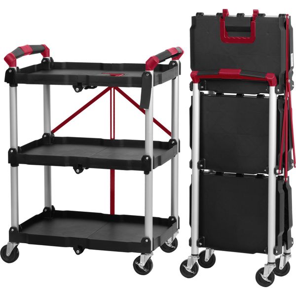 Carrello Di Servizio Pieghevole Mahlzeit Con Rotelle, Carico Fino A 150 Kg, Portaoggetti A 3 Ripiani, Rosso/Nero-image