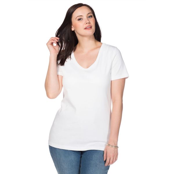 T-Shirt Sheego "T-Shirt", Damen, Gr. 56/58, Weiß, 100% Baumwolle, Unifarben, V-Ausschnitt, Shirts T-Shirt-image