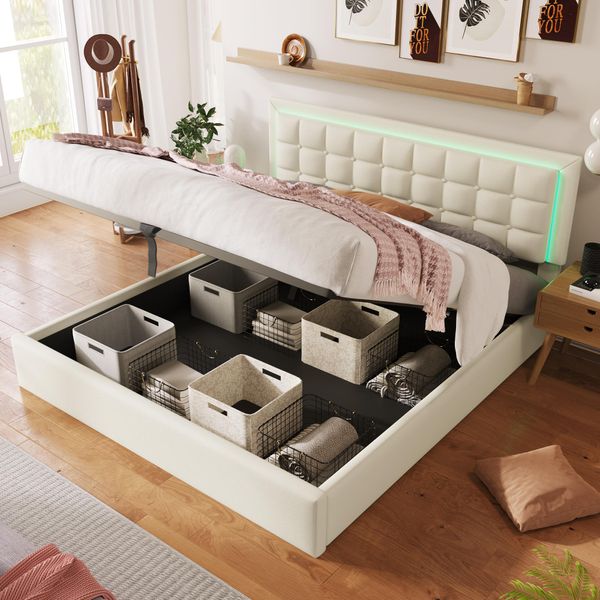 Letto Imbottito Merax Letto A Molle Idrauliche 140X200Cm Con Rete E Doghe, Incl. Striscia Luminosa A Led, Letto Matrimoniale Letto Contenitore Letto Funzionale In Pelle Finta, Bianco-image