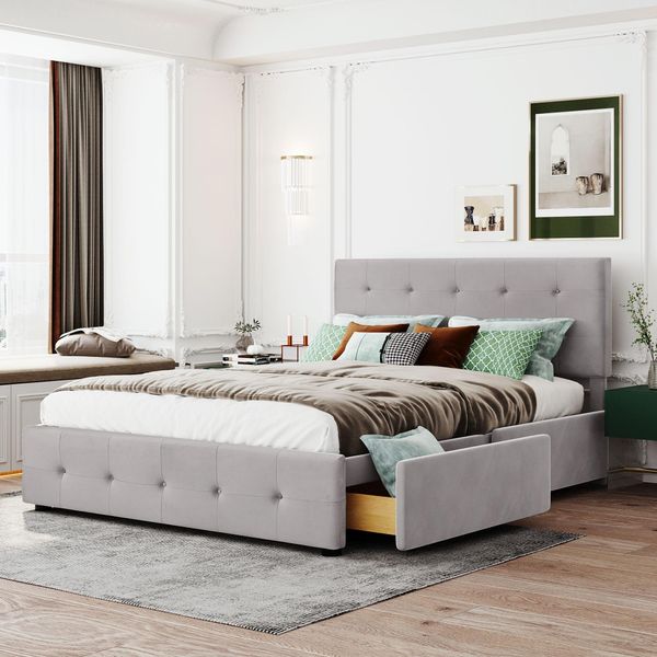 Letto Imbottito Merax 140X200Cm Con Testata Regolabile In Altezza E 4 Cassetti, Letto Matrimoniale Funzionale Con Rete A Doghe E Rivestimento In Velluto Grigio-image