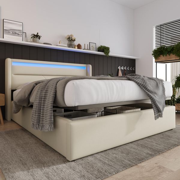 Letto A Molle Sweiko Letto Imbottito 140X200Cm Matrimoniale Con Illuminazione Led Letto Contenitore Bianco (Senza Materasso)-image