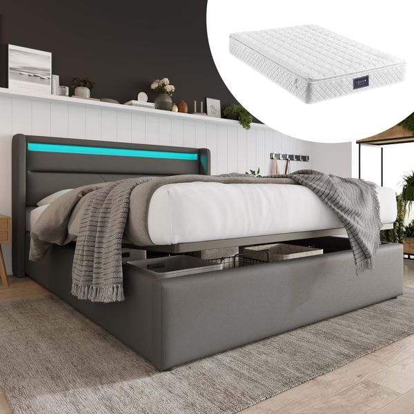 Letto A Molle Sweiko Letto Imbottito Letto Matrimoniale Con Illuminazione Led Letto Contenitore 160X200Cm Grigio (Senza Materasso)-image