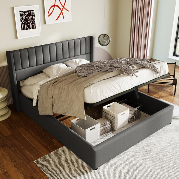 Letto Imbottito Flieks 160X200Cm, Letto A Molle Idrauliche Con Rete A Doghe, Letto Contenitore Letto Matrimoniale Letto In Legno Massiccio, Tessuto Di Lino, Grigio-image