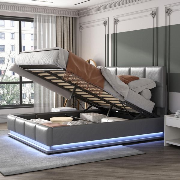 Letto Imbottito Flieks Con Led, Letto A Molle Idrauliche 140X200Cm Con Rete A Doghe E Contenitore, Letto Matrimoniale In Legno Letto Per Ragazzi In Similpelle, Grigio-image