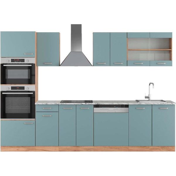 Vicco Cucina Componibile R-Line, 300 Cm Con Armadio Alto, Pt Marmo, Rovere Blu-Grigio/Oro-image