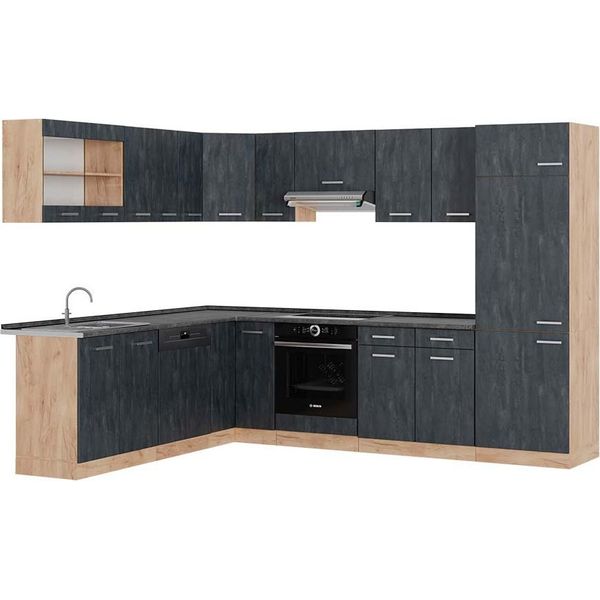 Vicco Cucina Angolare Completa R-Line, 227 X 287 Cm Pt Antracite, Calcestruzzo Nero/Quercia Dorata-image