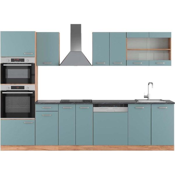 Vicco Cucina Componibile R-Line, 300 Cm Con Armadio Alto, Pt Antracite, Rovere Blu-Grigio/Oro-image