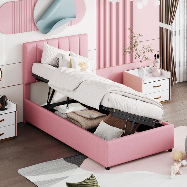 Letto Imbottito Flieks 90X200Cm Con Rete A Doghe, Letto A Molle Con Contenitore, Letto Idraulico Per Giovani Letto Per Bambini Letto Singolo, Biancheria, Rosa-image