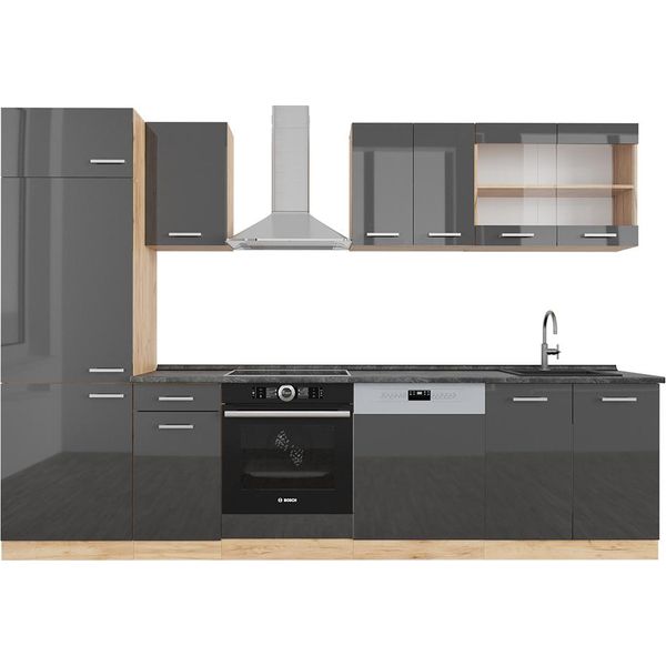 Vicco Cucina Componibile R-Line, 300 Cm , Pt Antracite, Antracite Lucido/Oro Power Oak-image