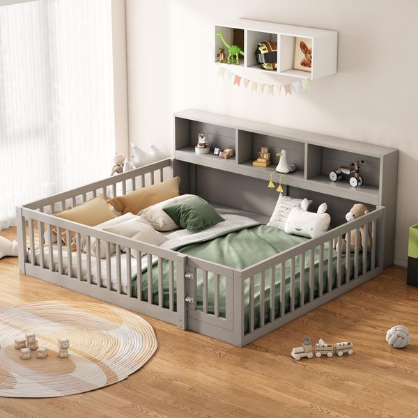 Letto Per Bambini Flieks 140X200Cm Con Ripiano, Letto Matrimoniale In Legno Per La Camera Dei Bambini, Letto Per Bambini Con Porta E Rete A Doghe, Grigio-image