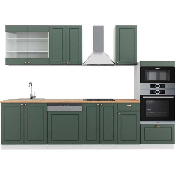 Vicco Cucina Componibile Fame-Line, 300 Cm Con Armadio Alto, Pt Rovere, Verde-Oro Country House/Bianco-image