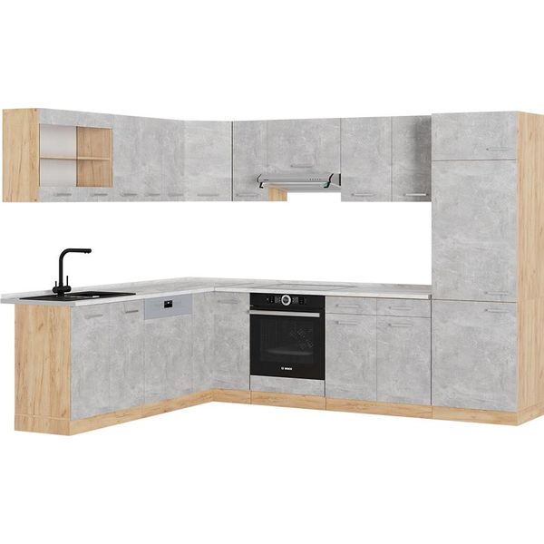 Vicco Cucina Angolare Completa R-Line, 227 X 287 Cm , Pl Marmo, Calcestruzzo/Quercia Dorata-image