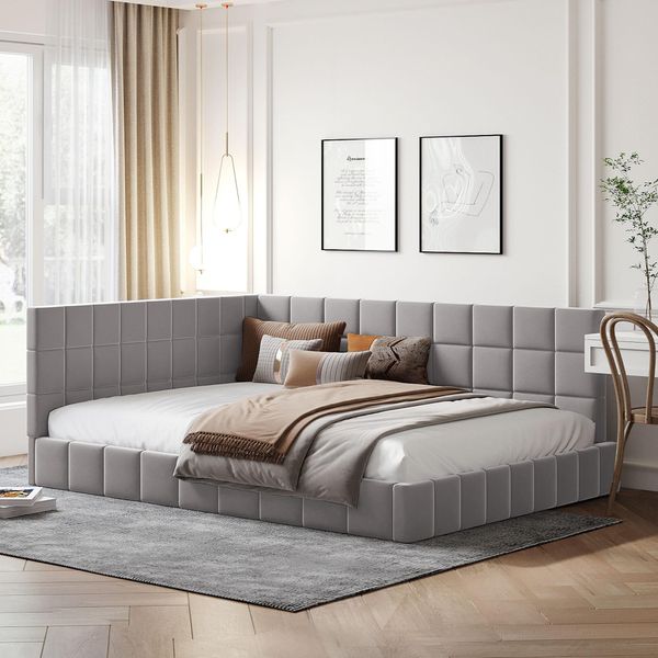 Letto Imbottito Merax 140X200Cm Con Rete A Doghe E Rivestimento In Velluto, Letto Da Giorno Divano Letto Letto Funzionale Letto Matrimoniale, Grigio-image