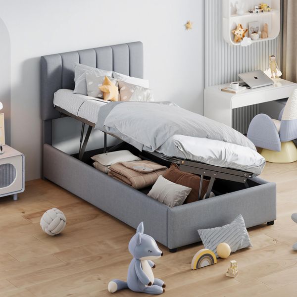Letto Imbottito Merax 90X200Cm Letto Singolo A Molle Idrauliche Con Rete A Doghe E Contenitore, Testata Regolabile In Altezza, Letto Per Ragazzi Biancheria Da Letto In Legno, Grigio-image
