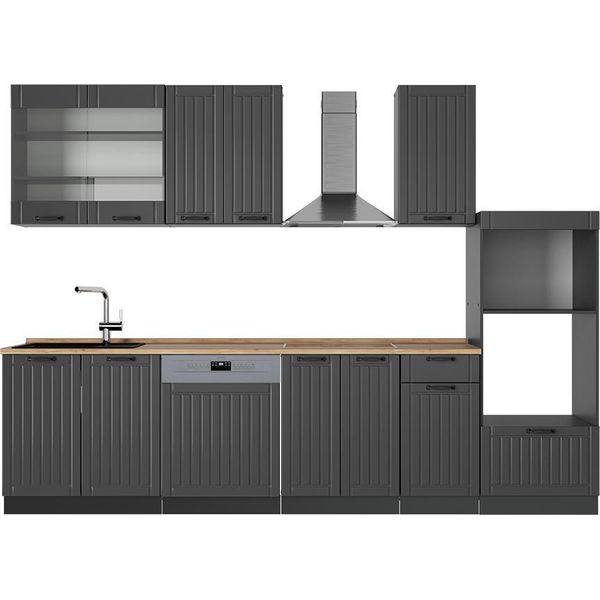 Vicco Cucina Componibile Fame-Line, 300 Cm Con Armadio Alto, Pl Rovere, Grigio Scuro/Antracite-image