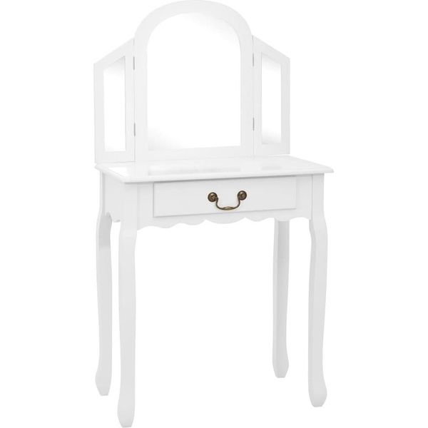 Syfax™ Tavolo Da Trucco E Sgabello Bianco 65X36X128 Cm Paulownia E Mdf-image