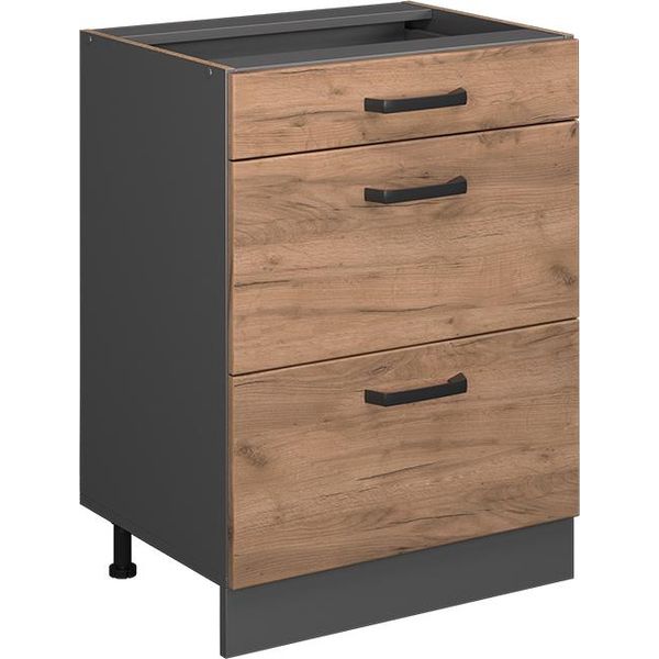 Vicco Mobiletto Base Per Cucina R-Line, 60 Cm Con Cassetti, Senza Piano Di Lavoro, Quercia Dorata/Antracite-image