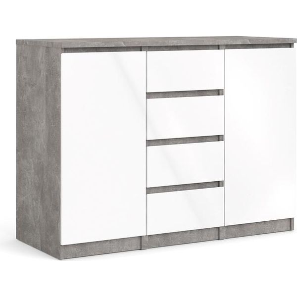 Credenza Nada 2 Ante E 4 Cassetti, Decoro Cemento, Bianco Lucido.-image