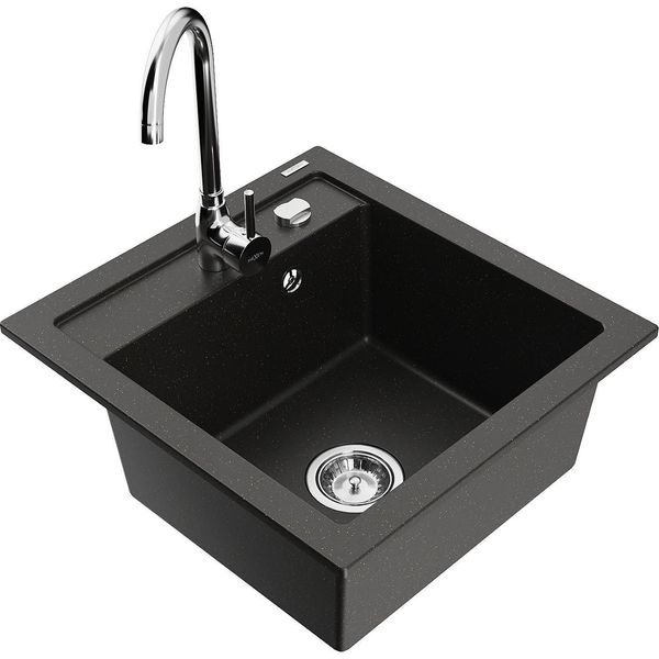 Mexen Vito Lavello In Granito 1-Vasca Con Rubinetto Da Cucina Telma, Nero/Oro Metallizzato - 6503-75-670200-00-image