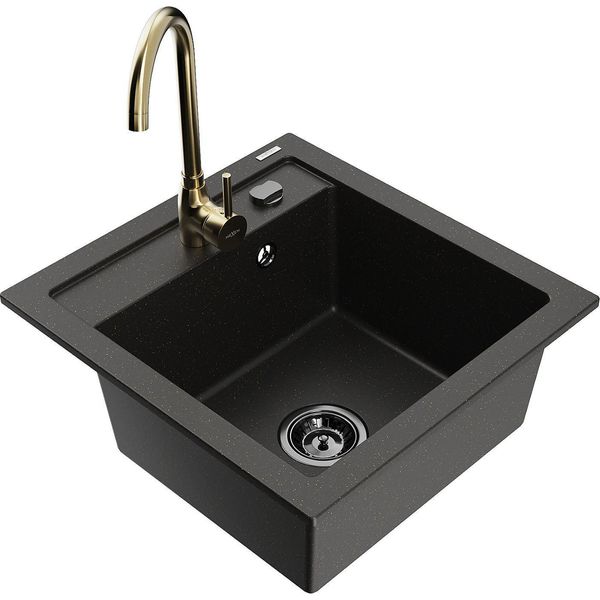 Mexen Vito Lavello In Granito A 1 Vasca Con Rubinetto Da Cucina Telma, Nero/Oro Metallizzato - 6503-75-670200-50-B-image