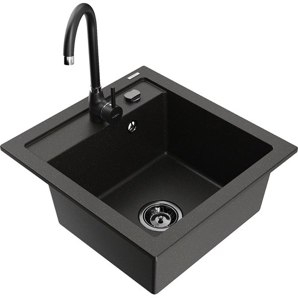 Mexen Vito Lavello In Granito A 1 Vasca Con Rubinetto Da Cucina Telma, Nero/Oro Metallizzato - 6503-75-670200-70-B-image
