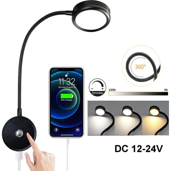 Lampada Da Parete A Led Dimmerabile A 3 Colori Di Luce, Lampada Da Lettura Braccio Della Lampada Flessibile Interruttore A Sfioramento Connessione Usb Φ6,5Cm 12-24V Interni Rv Camper Barca, Nero-image