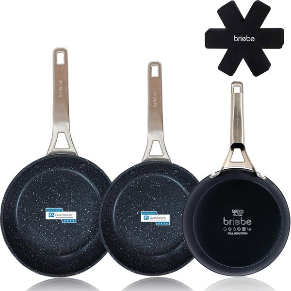 Briebe Black Titanium Set 3 Padelle Antiaderenti Per Induzione Titanio 18-20-24Cm, Alluminio Forgiato Nero-image