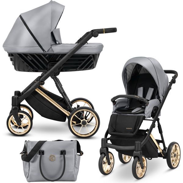 Ivento Passeggino Passeggino Carrozzina Per Bambini Seggiolino Auto Completo Set Passeggino 2 In 1 (Eco Grey Metalic, Colore Telaio: Oro)-image