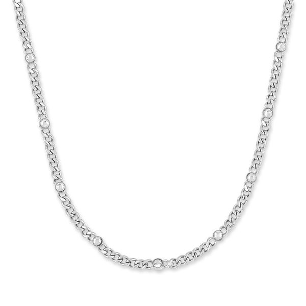 Edelstahlkette Copenhagen Studios "Schmuck Geschenk Halskette Glittery Cuban", Silber (Edelstahlfarben, Kristallweß), Halsketten, Damen, Edelstahl, L: 45 B: 1,5Mm, Edelstahlkette, Mit Strassstein, B:1,5Mm-image