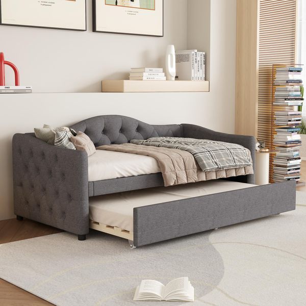 Letto Da Giorno Sweiko, Letto Da Giorno 90X200Cm Con Letto Estraibile, Divano Letto, Letto Singolo (Senza Materasso), Lino, Stile Minimalista, Grigio-image