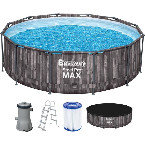 Set Completo Per Piscina Fuori Terra Bestway® Steel Pro Max™ Con Pompa Filtro Ø 427 X 107 Cm, Effetto Legno (Bog Oak), Rotondo-image