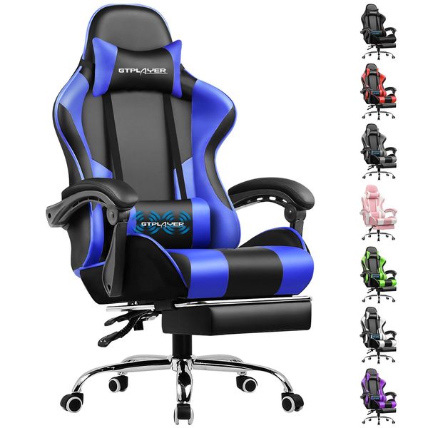 Gtplayer Sedia Da Gioco Con Poggiapiedi E Cuscino Lombare Massaggiante Sedia Da Ufficio Sedia Da Gioco Sedia Da Gioco Ergonomica Con Braccioli Di Collegamento, Caricabile Fino A 150 Kg Blu-image