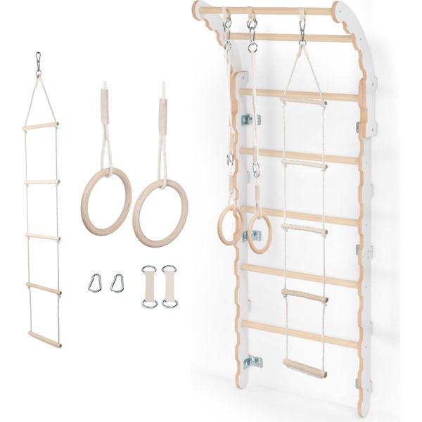 Midi Spalliera A Parete Per Stanze Dei Bambini | Spalliera Con Gradini D'arrampicata + Anelli Da Ginnastica + Scaletta D'arrampicata | 100% Eco-image