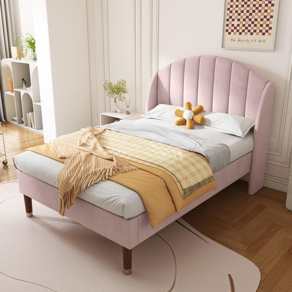 Letto Imbottito Merax 90X200Cm Con Rete A Doghe E Testiera, Letto Per Ragazzi Letto In Legno Massello Letto Singolo Con Rivestimento In Velluto In Rosa-image
