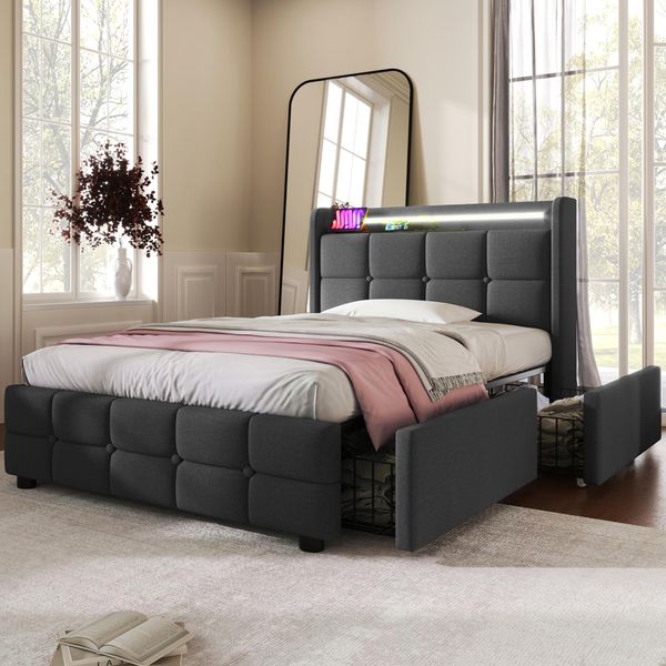 Letto Imbottito Flieks 90X200Cm Con Usb E Prese Di Corrente, Letto Per Ragazzi Letto Singolo Con 2 Cassetti, Letto Contenitore Letto In Legno Massiccio Con Led E Rete A Doghe, Lino, Grigio-image