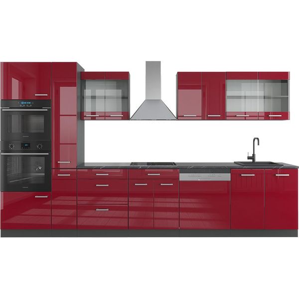 Vicco Cucina Componibile R-Line, 350 Cm Con Armadio Alto, Senza Piano Di Lavoro, Rosso Lucido/Antracite/Antracite-image
