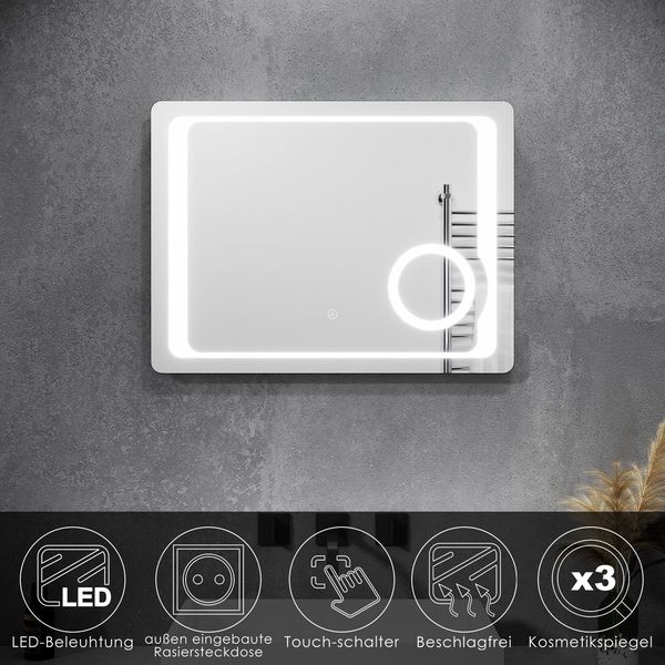 Sunxury Specchio Da Bagno Con Illuminazione Led 80 X 60 E Specchio Cosmetico Touch Presa Per Rasoio Senza Nebbia Specchio Da Bagno Specchio Da Parete Specchio Luminoso-image