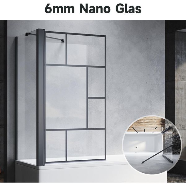 Sonni Attacco Per Vasca Pieghevole Nero 80X140Cm Nano Vetro Esg 6Mm Cabina Doccia Per Vasche Da Bagno - Design A Traliccio, Con Pannello Laterale 70X140 Cm-image