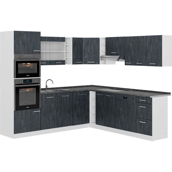 Vicco Cucina Angolare Completa R-Line, 237 X 247 Cm Pt Antracite, Nero Cemento/Bianco-image