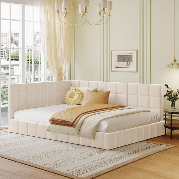 Flieks Divano Letto Divano Letto 140X200Cm, Letto Imbottito Con Rete A Doghe, Letto Per Ragazzi Letto Per Bambini Con Braccioli E Schienale, Letto Matrimoniale Letto Da Giorno, Velluto, Beige-image