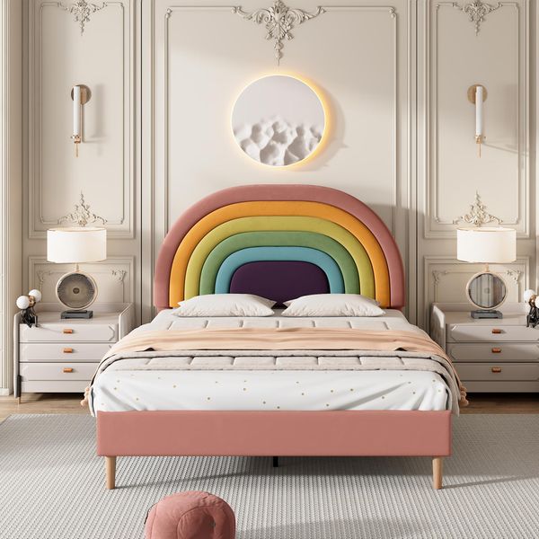 Abrihome Letto Per Bambini Imbottito 140X200Cm Letto Matrimoniale Con Rete A Doghe E Testata Arcobaleno, Rosa Velluto-image